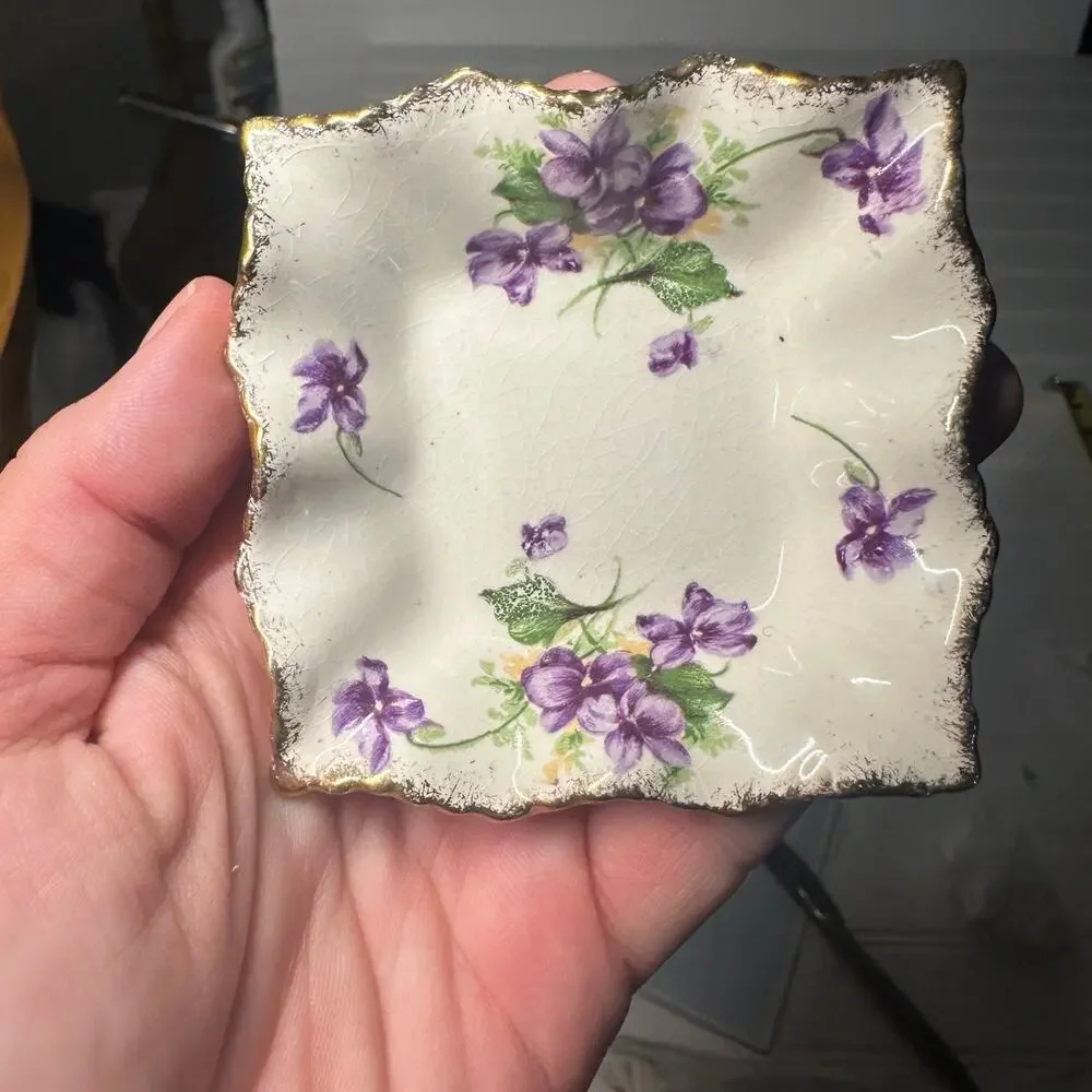Two James Kent Longton #3090 Violet Trinket‎ Dishes with Ruffle Edges Gold Trim